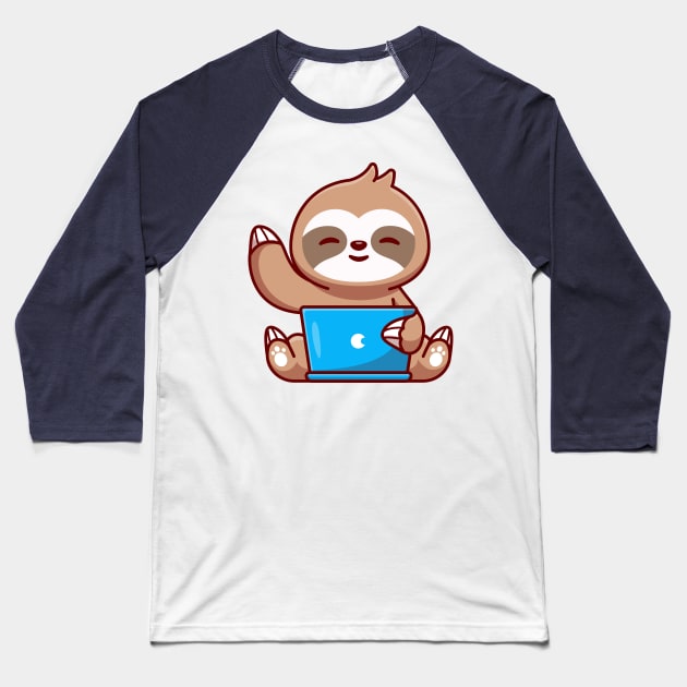 Cute Sloth Working On Laptop Cartoon Baseball T-Shirt by Catalyst Labs
